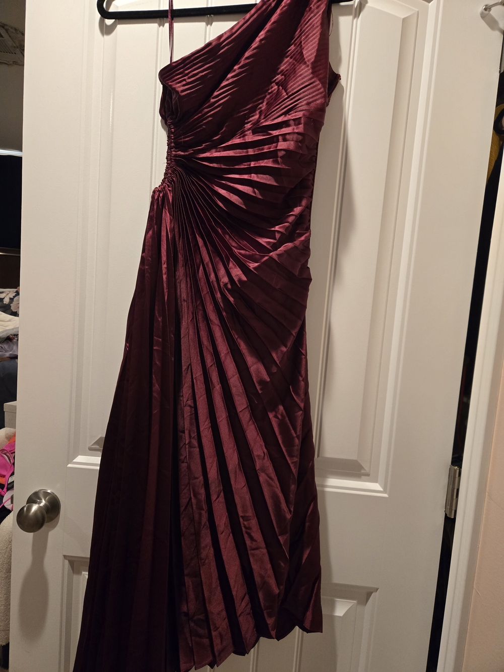 Fashion Nova One-Shoulder Asymmetrical Pleated Gown in Burgundy Wine